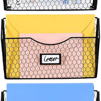 PAG 3 Pockets Hanging File Holder Wall Mount Mail Organizer Metal Chicken Wire Magazine Rack with Tag Slot, Black