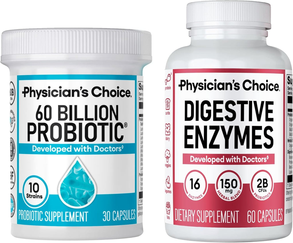 Physician's CHOICE Paquete avanzado de salud intestinal: 60 mil millones de probióticos 30 unidades + enzimas digestivas 60 unidades para la salud digestiva, intestinal e inmunológica que apoya el est