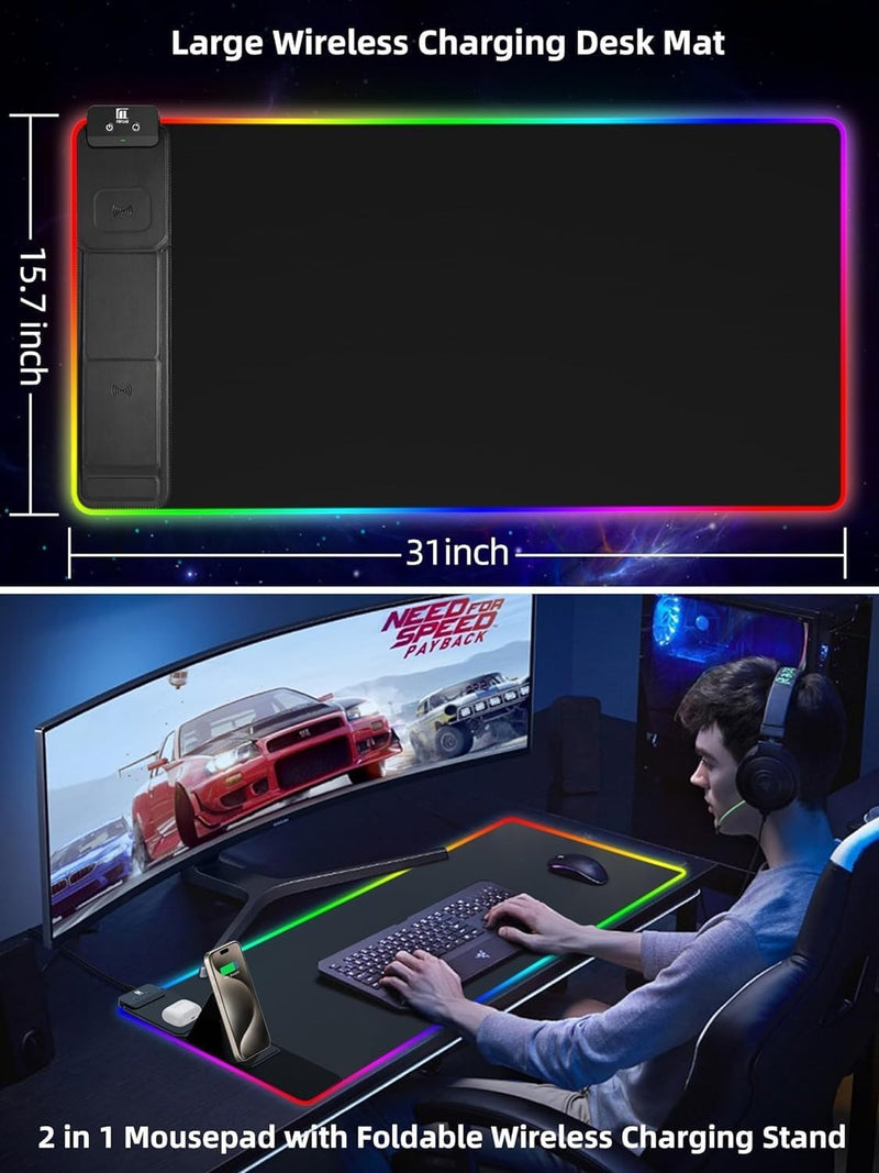Miroddi XXL Mouse Pad with Phone Holder - Black, RGB Desk Mat with 15W Fast Charging, LED Gaming Mousepad with 11 Light Colors, Waterproof Non-Slip Pad for Office & Home (Black with PD Adapter)