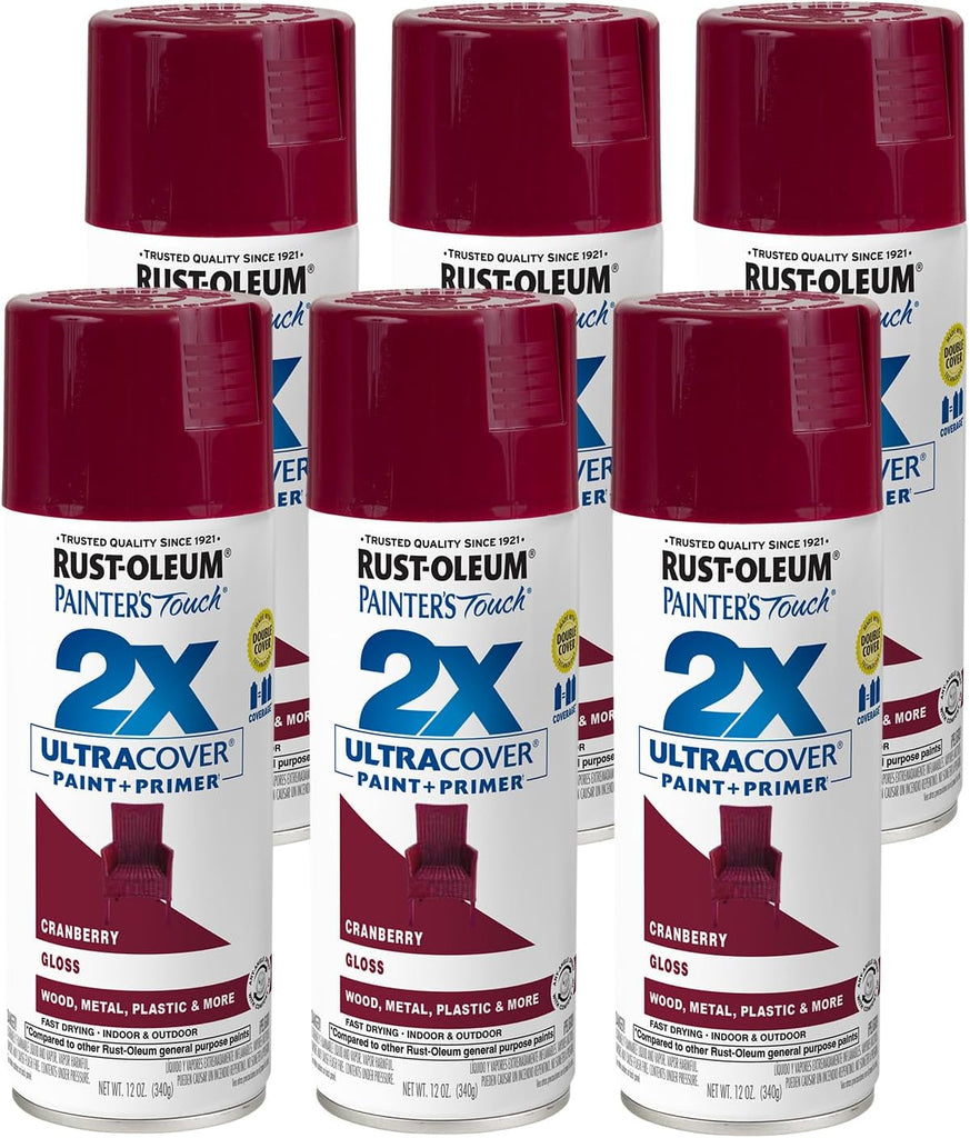 Rust-Oleum 334051-6PK Painter's Touch 2X Ultra Cover Spray Paint, 12 oz, Gloss Cranberry, 6 Pack
