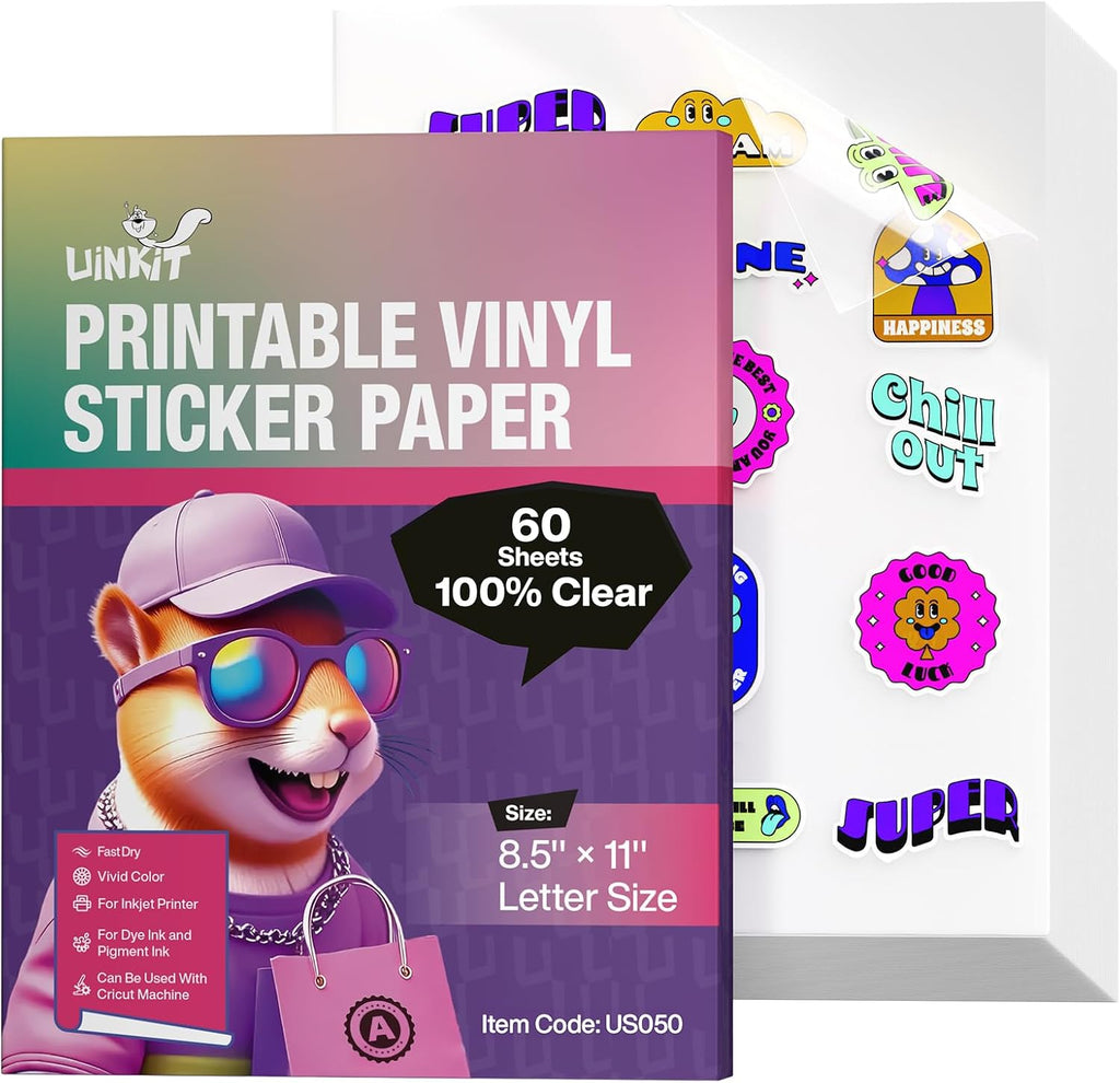 Uinkit 100% Clear Printable Vinyl Sticker Paper Letter Size 8.5"x11"