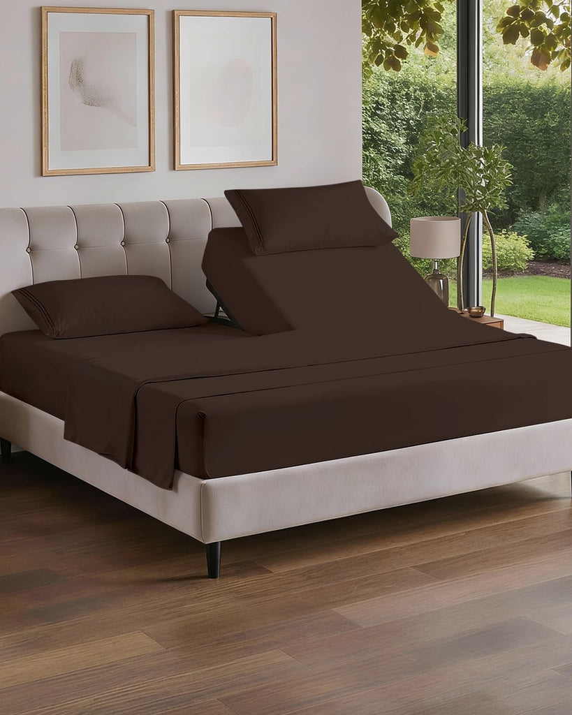 Flex Top Split Head King 4 Piece Sheet Set - Ultra-Soft, Breathable - Brown