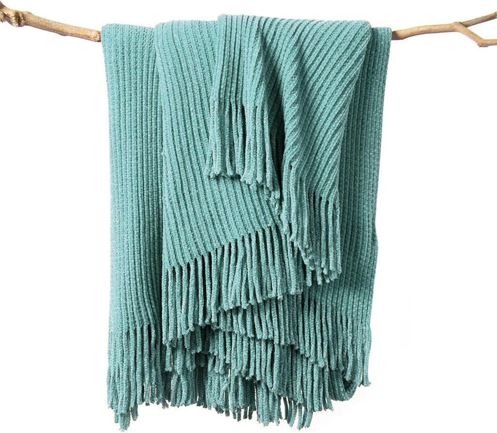 lifein Throw Blanket for Couch, Soft Boho Decor Bed Throw,Cozy Blue Chenille Knitted Small Farmhouse Lightweight Throw (