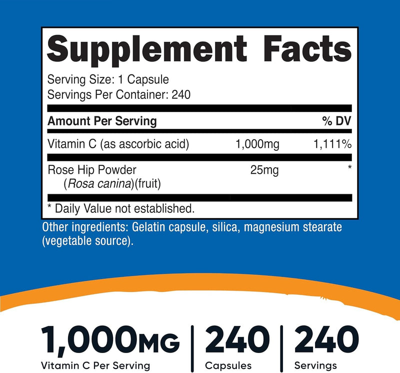 Nutricost Vitamina C con escaramujos, 1025 mg, 240 cápsulas, vitamina C 1,000 mg, rosa cadera, 25 mg, premium, sin OMG, suplemento sin gluten