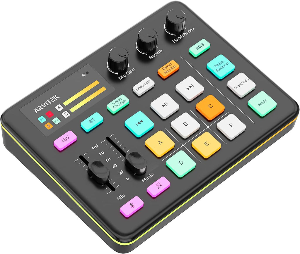 Gaming Audio Mixer for PC, Audio Interface Sound Board w/RGB Effect, Support Bluetooth, XLR/TRS Microphone, 48V Phantom