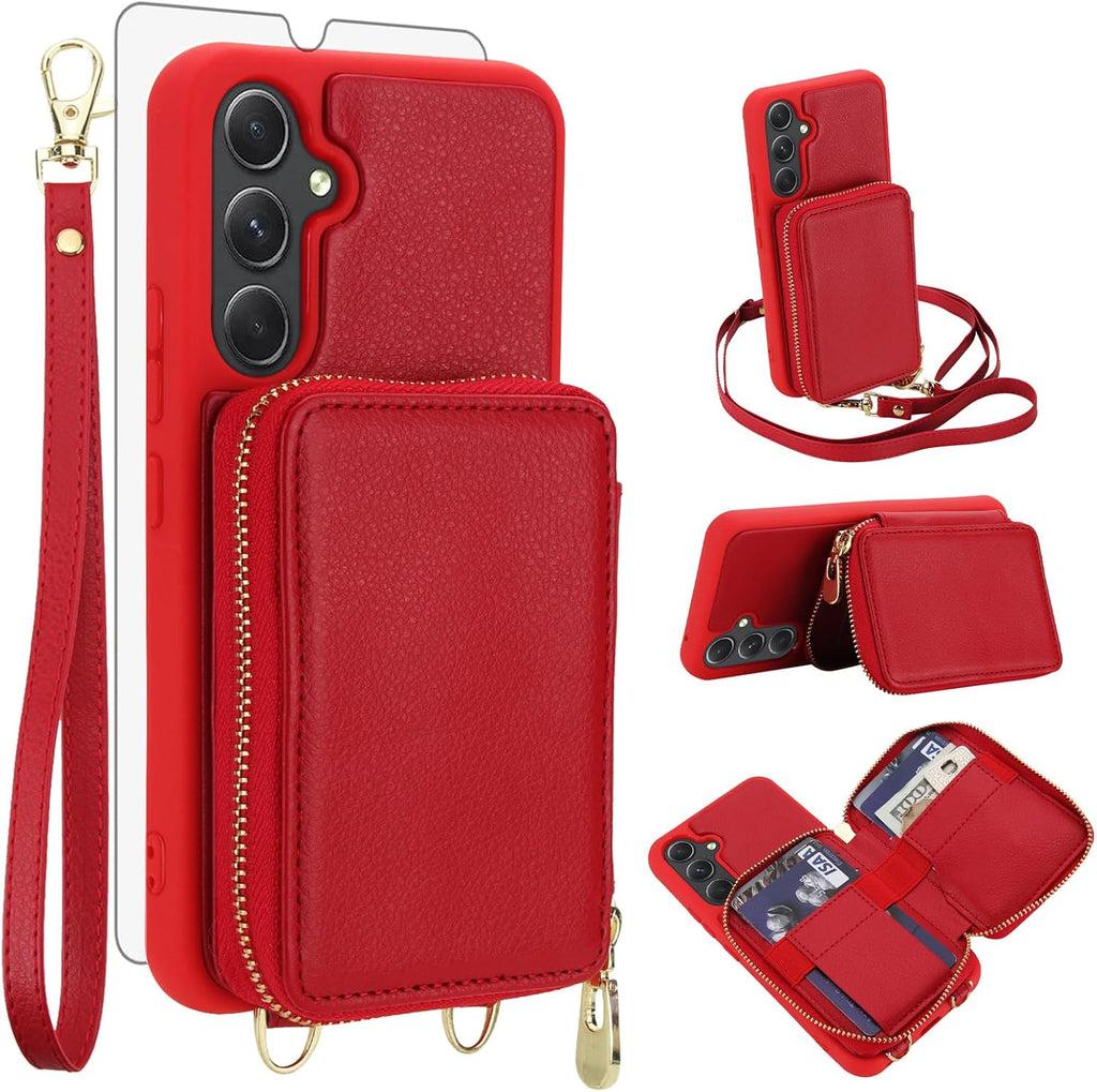 Phone Case for Samsung Galaxy A14/M14 5G Wallet Cell Cover with Tempered Glass Screen Protector Wrist Crossbody Strap La