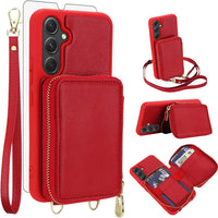 Phone Case for Samsung Galaxy A14/M14 5G Wallet Cell Cover with Tempered Glass Screen Protector Wrist Crossbody Strap La