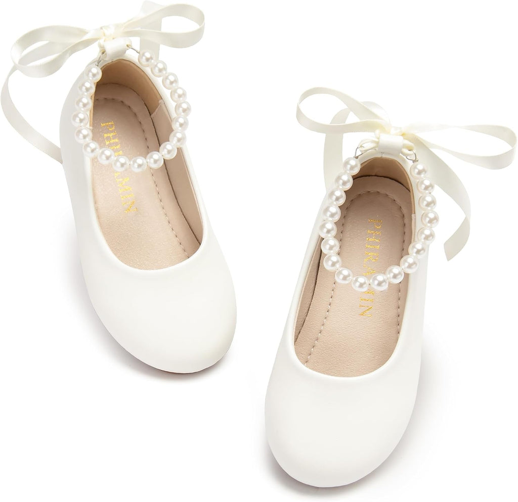 PHIRAMIN Toddler Flower Girl Faux Leather Ivory White Dress Shoes - Little Girl Ballet Flats Size 12 Pearl Wedding Party