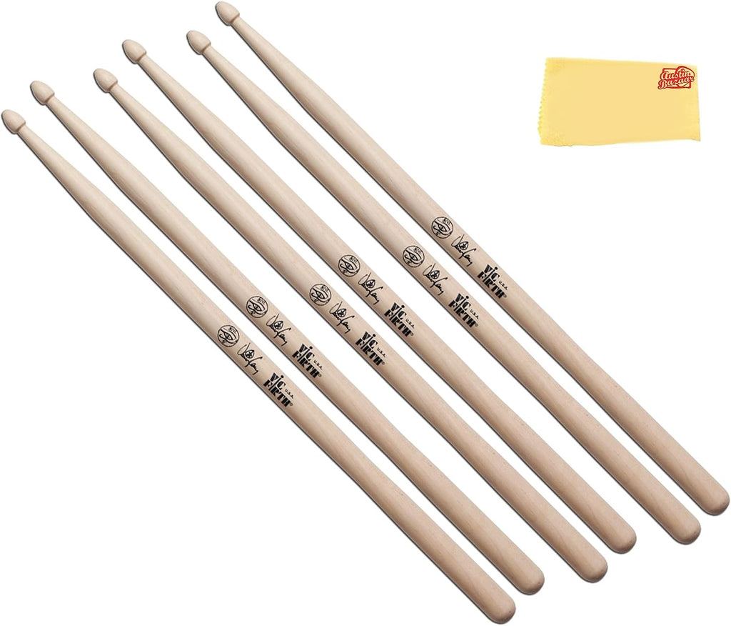 Vic Firth SDC Signature Series Danny Carey Drumsticks - 3-Pack Bundle with Austin Bazaar Polishing Cloth