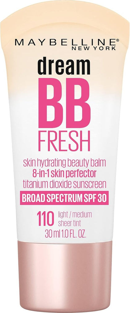 MAYBELLINE Dream Fresh Skin Hydrating BB cream, 8-in-1 Skin Perfecting Beauty Balm with Broad Spectrum SPF 30, Sheer Tint Coverage, Oil-Free, Light/Medium, 1 Fl Oz