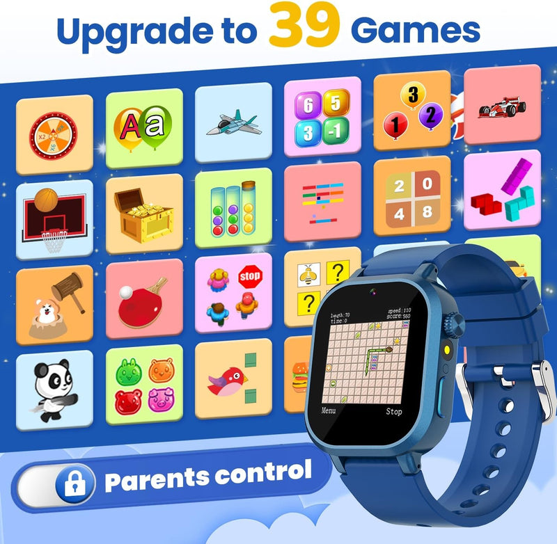 Melontti Waterproof Smart Watch for Kids Boys Ages 5-12 with 39 Games, HD Camera, Video, Music, Habit Tracking, Alarm, Pedometer, Kids Smart Watch Chrismars Birthday Gift for Boys Age 5 6 7 8(Blue)