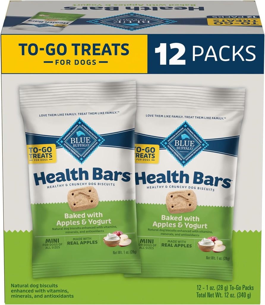 Blue Buffalo Health Bars Mini Natural Crunchy Dog Treats to-GO, Mini Biscuits, Apple & Yogurt 1-oz Bags (Pack of 12)