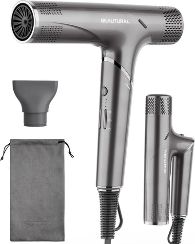BEAUTURAL 1600W High-Speed Foldable Dual Voltage Travel Hair Dryer, Gray