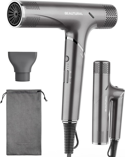 BEAUTURAL 1600W High-Speed Foldable Dual Voltage Travel Hair Dryer, Gray