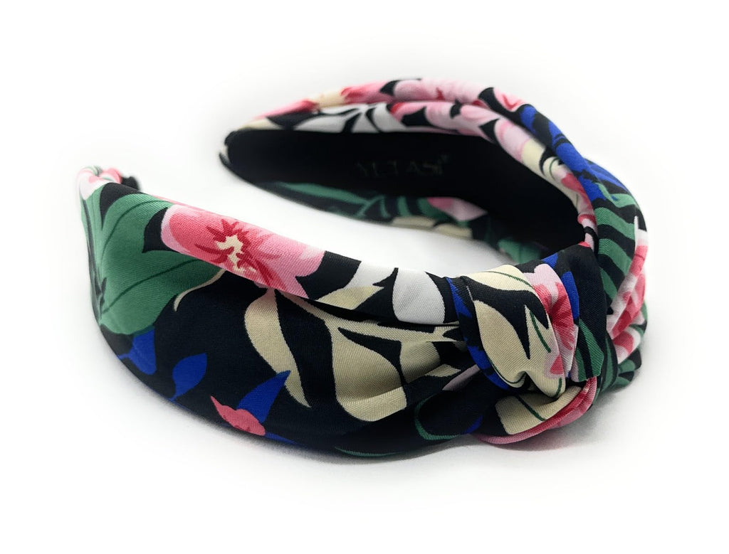 YETASI Black Floral Knotted Headband for Women Made of Silk Quality Satin Fabric, Unique and Classy Girls Headbands, Tre