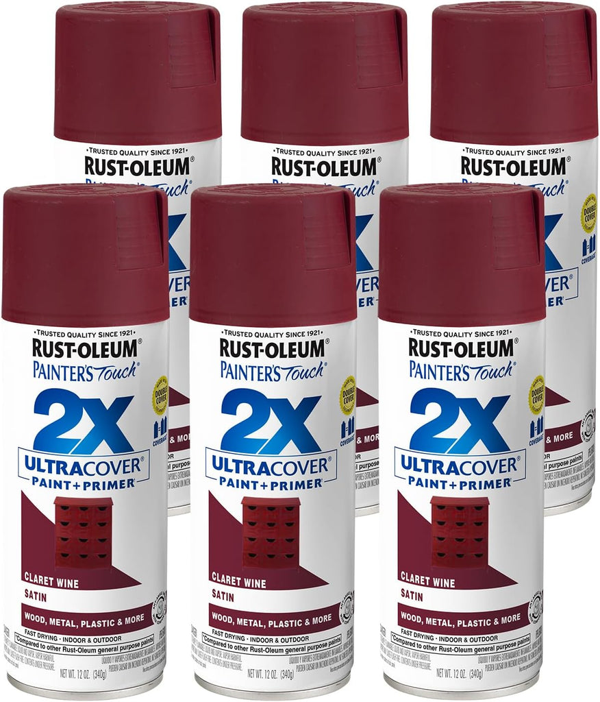 Rust-Oleum 334062-6PK Painter's Touch 2X Ultra Cover Spray Paint, 12 oz, Satin Claret Wine, 6 Pack
