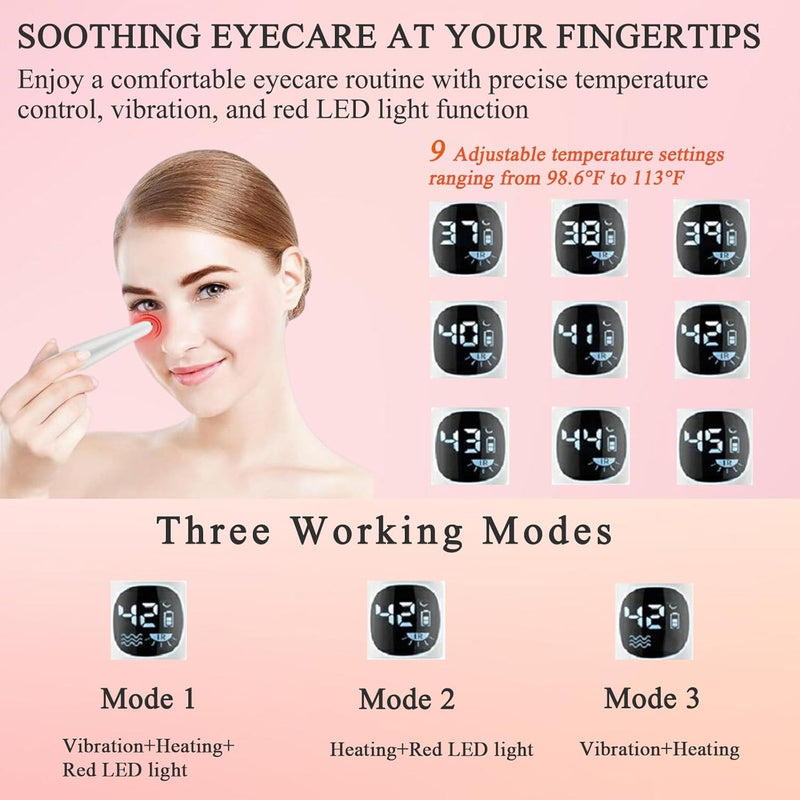 Vowleike Varita de Levantamiento de Ojos, 3 en 1 con Luz Roja Vibratoria 98°F a 113°F Pantalla LCD Masajeador de Ojos para Ojos Secos, Ojeras e Hinchazón, Eléctrico para Cara, Bolígrafo Escultor de