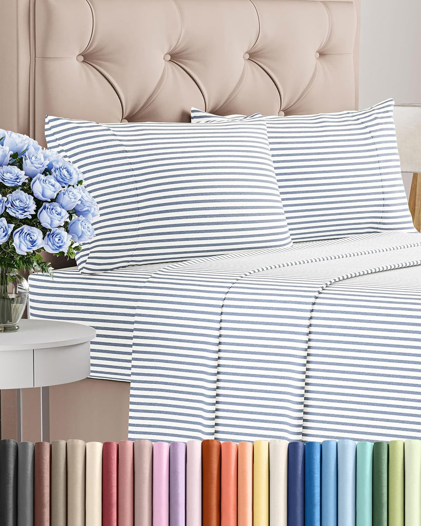 Queen Size 4 Piece Sheet Set - Breathable & Cooling Sheets - Blue Stripes