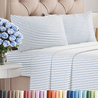 Queen Size 4 Piece Sheet Set - Breathable & Cooling Sheets - Blue Stripes
