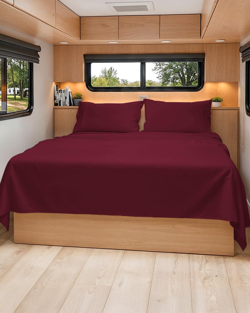 Short Queen Size 4 Piece Bed Sheet Set - RV Short Queen Sheets - Burgundy