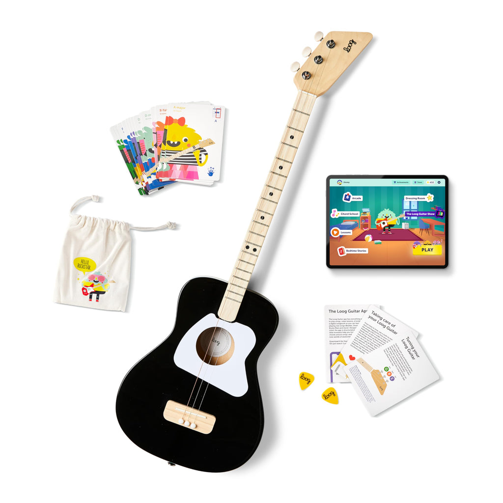 Loog Pro Acoustic kids Guitar 3-strings Ages 6+ Learning App and Lessons Included Black