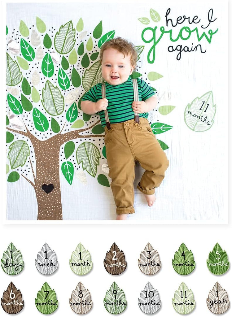 Lulujo Baby’s First Year Milestone Blanket and Card Set | 40in x 40in (Here I Grow Again)