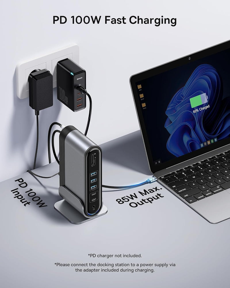 Baseus 17-in-1 Laptop Docking Station 3 Monitors with 4K HDMI+DP, USB C Docking Station with 7 USB, 1000Mbps Ethernet, 100W PD, Card Readers Compatible with Acer/HP/Lenovo/Mac/Dell
