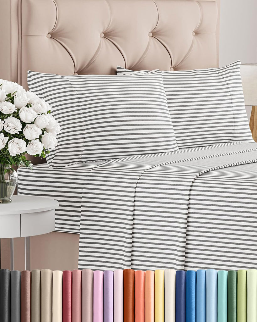 Cal King Size 4 Piece Sheet Set - Comfy Breathable & Cooling - Grey Stripes