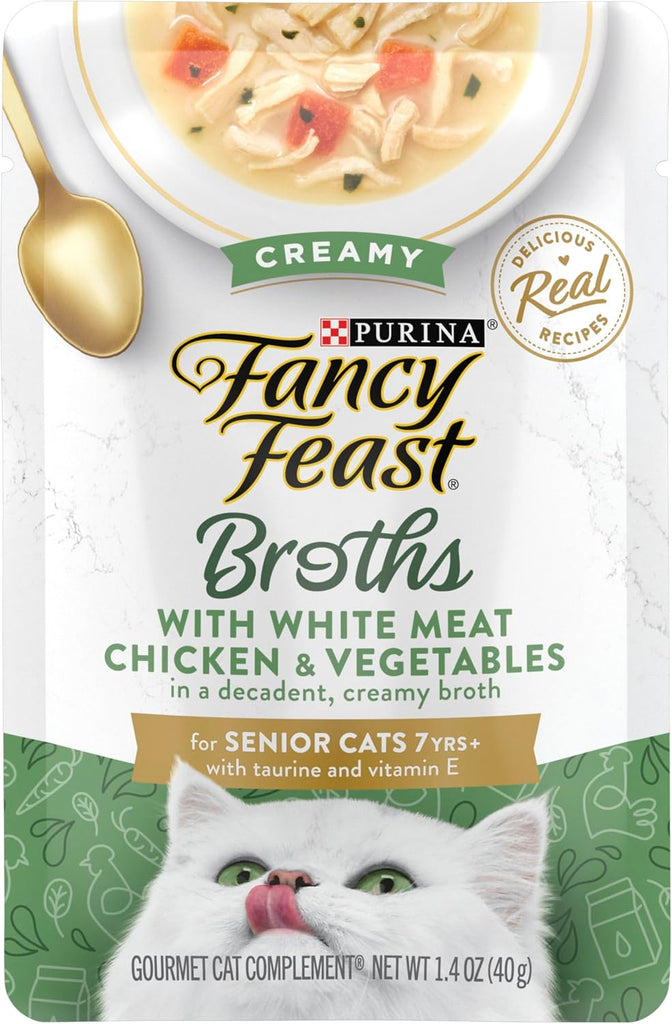 Purina Fancy Feast Broths Creamy Senior Cat Food Topper With White Meat Chicken & Vegetables, Pack of 16, 1.4 oz Pouches