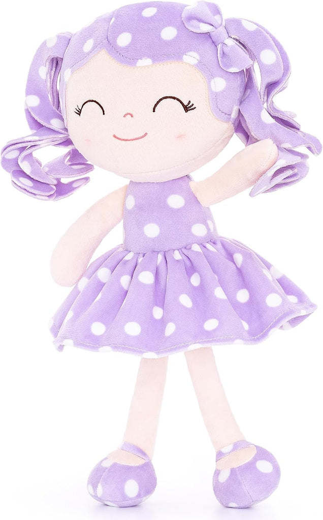 Gloveleya Baby Girl Doll – Custom Name Gift Plush Toy, Curly Hair Purple Polka Dot Dress Spring Girl, Birthday 12 Inches
