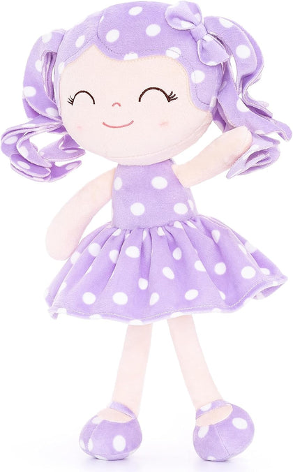 Gloveleya Baby Girl Doll – Custom Name Gift Plush Toy, Curly Hair Purple Polka Dot Dress Spring Girl, Birthday 12 Inches