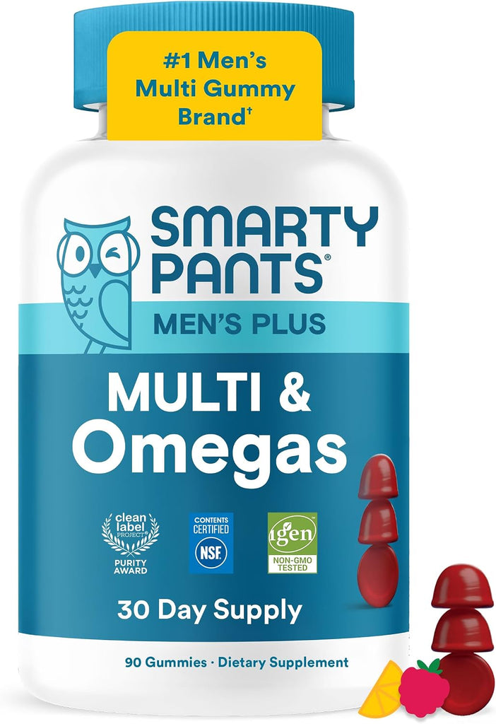 SmartyPants Men's Multivitamin Gummies with Omega 3 DHA/EPA, Methylfolate, Vitamin D3, C, B12, B6, A, K, Zinc, Raspberry Lemonade Flavor, 90 Count (30 Day Supply)