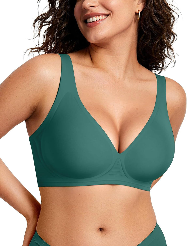 OEAK Womens Jelly Bras Wireless Deep V Comfy Push Up Tshirt Bras GRN L