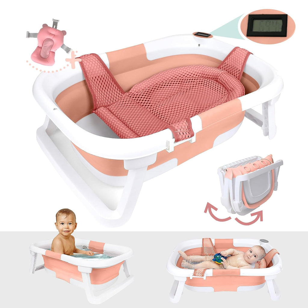 BEBELEH Bañera Plegable para Bebé con Termómetro y Doble Hamaca Rosada