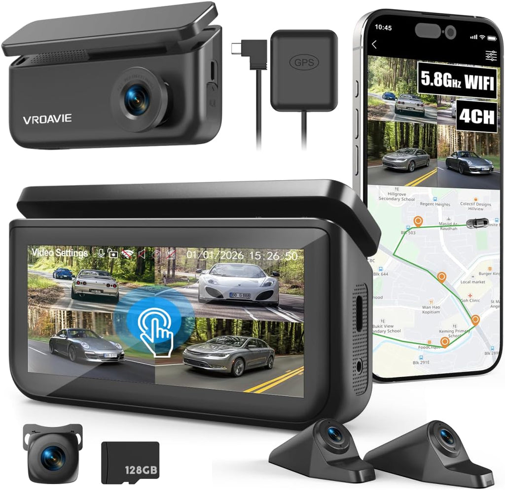 VROAVIE 4 Channel 360° Dash Cam Detached Side Cameras, 4" Touch Screen