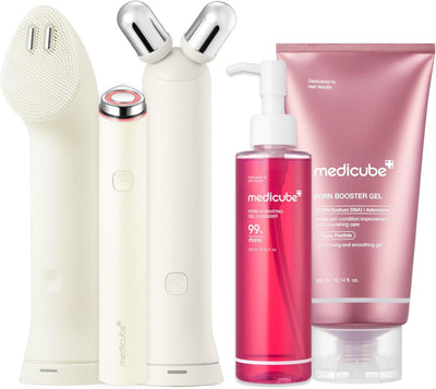 medicube Juego de dispositivo y cuidado de la piel 3 en 1 (beige) Mini Booster Pro Plus Full Set Beige, limpiador PDRN Jelly to Foam y gel potenciador PDRN