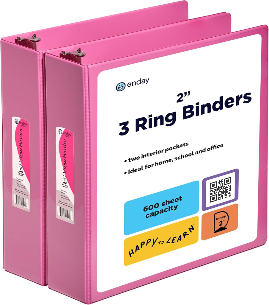2 Inch Binder (2 Pack) Pink 2 Inch 3 Ring Binder, Clear View Cover with 2 Inside Pockets, Three Ring Binders for Home, O