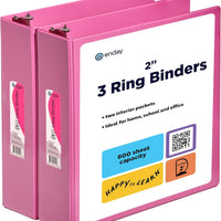 2 Inch Binder (2 Pack) Pink 2 Inch 3 Ring Binder, Clear View Cover with 2 Inside Pockets, Three Ring Binders for Home, O