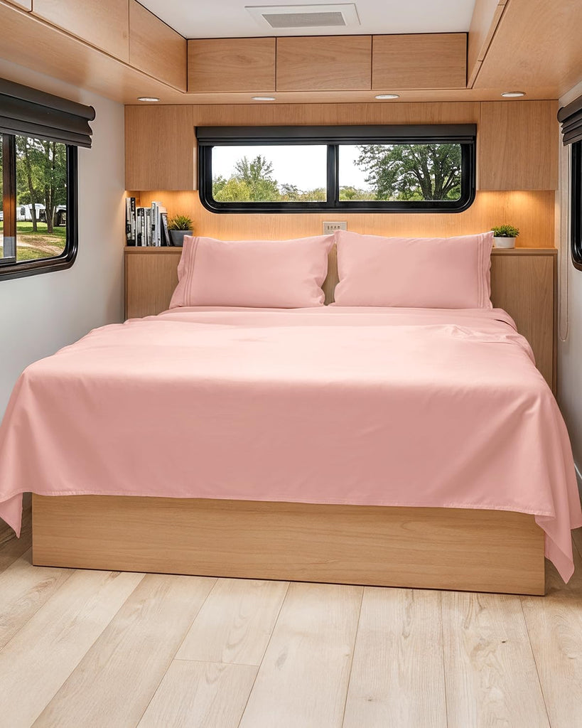 Short Queen Size 4 Piece Bed Sheet Set - RV Short Queen Sheets - Baby Pink