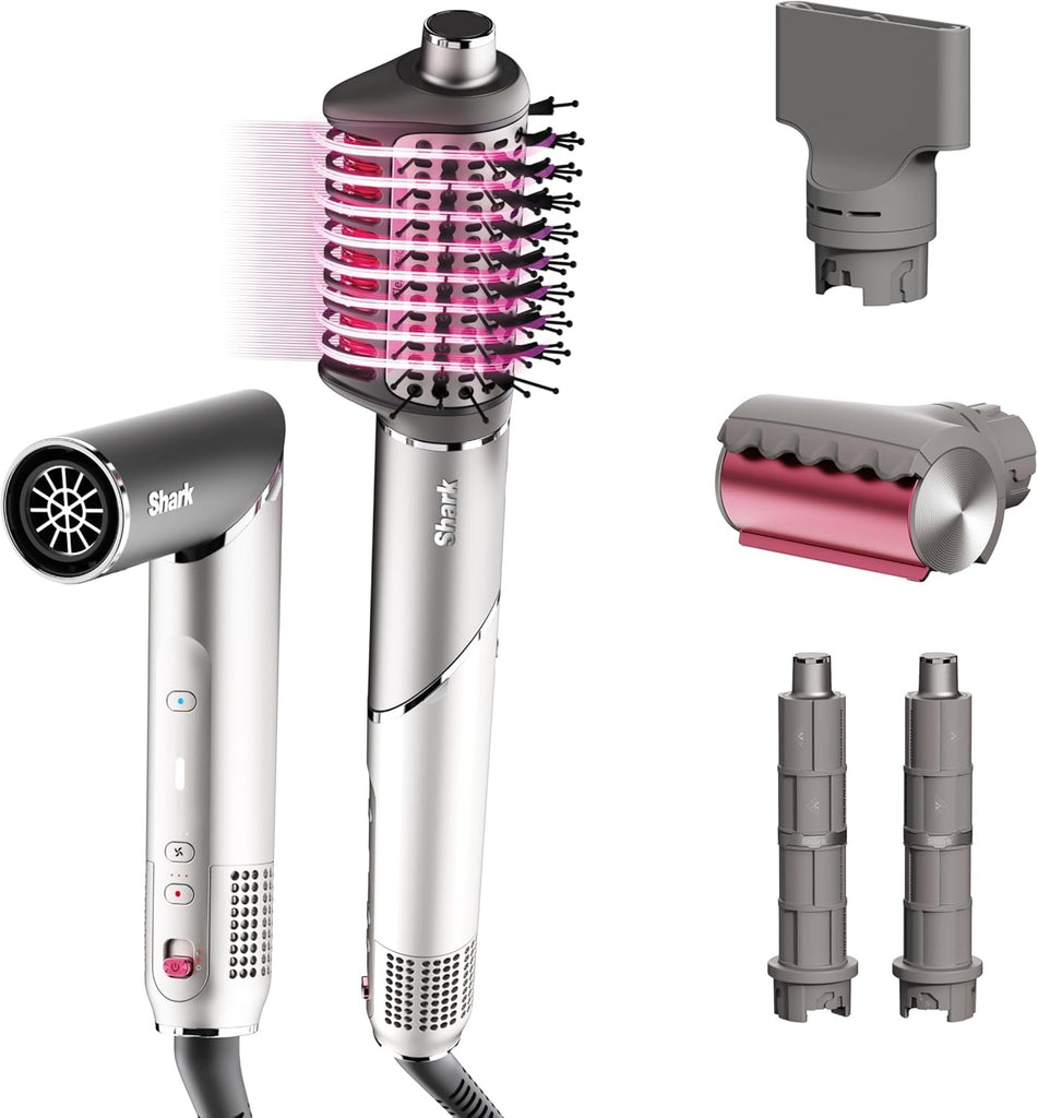 Shark Secador de pelo Shark FlexFusion con cepillo de pelo Fusion, moldeador de aire cerámico con rizadores de pelo auto-enrollables y concentrador, placas cerámicas, Metallic Mist HD641 ⚠️ Versión 12
