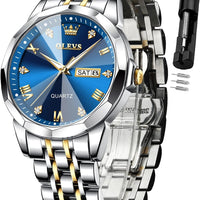 OLEVS Watch for Men Diamond Business Dress Analog Quartz Stainless Steel Waterproof Luminous Date Two Tone Luxury Casual Wrist Watch Blue