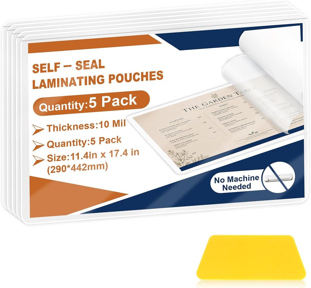 5 Pack 10 Mil 11x17" Self Sealing Laminating Pouches Self Adhesive Lamination Pouches Clear Laminate Sheets for Drawings