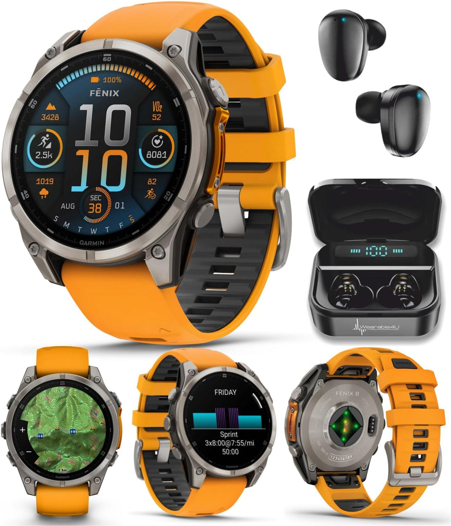 Wearable4U - Garmin Fenix 8 – 47 mm, AMOLED Sapphire Multisport GPS Smartwatch, Titanium with Spark Orange/Graphite Silicone Band, Built-in LED Flashlight with Black Earbuds Bundle