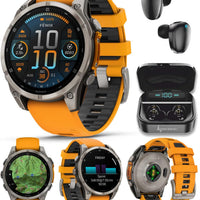 Wearable4U - Garmin Fenix 8 – 47 mm, AMOLED Sapphire Multisport GPS Smartwatch, Titanium with Spark Orange/Graphite Silicone Band, Built-in LED Flashlight with Black Earbuds Bundle