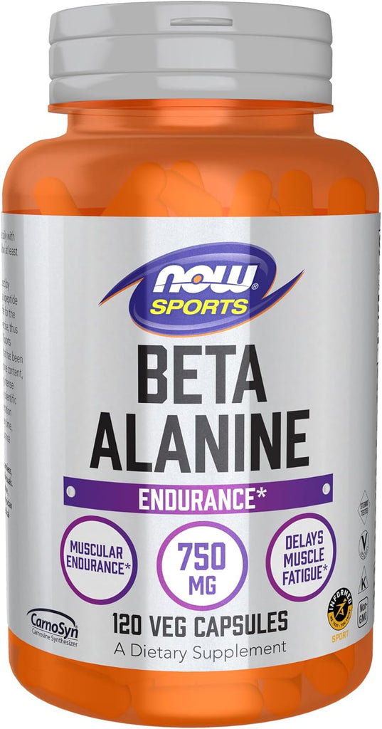 NOW Foods Sports Nutrition, Beta-Alanine 750 mg, Delays Muscle Fatigue*, Endurance*, 120 Veg Capsules - 120 Count (Pack of 2)