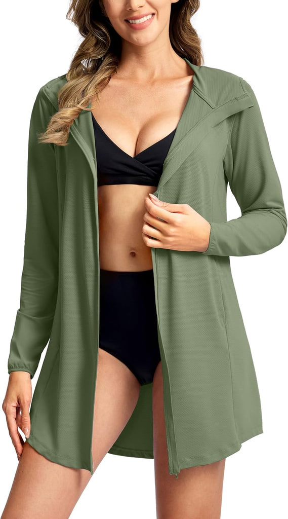 SANTINY Women's UPF50+ Swim Cover Up Sun Protection Hoodie Long UV Jacket SPF Lightweight Swimsuit Beach Cover Ups for W