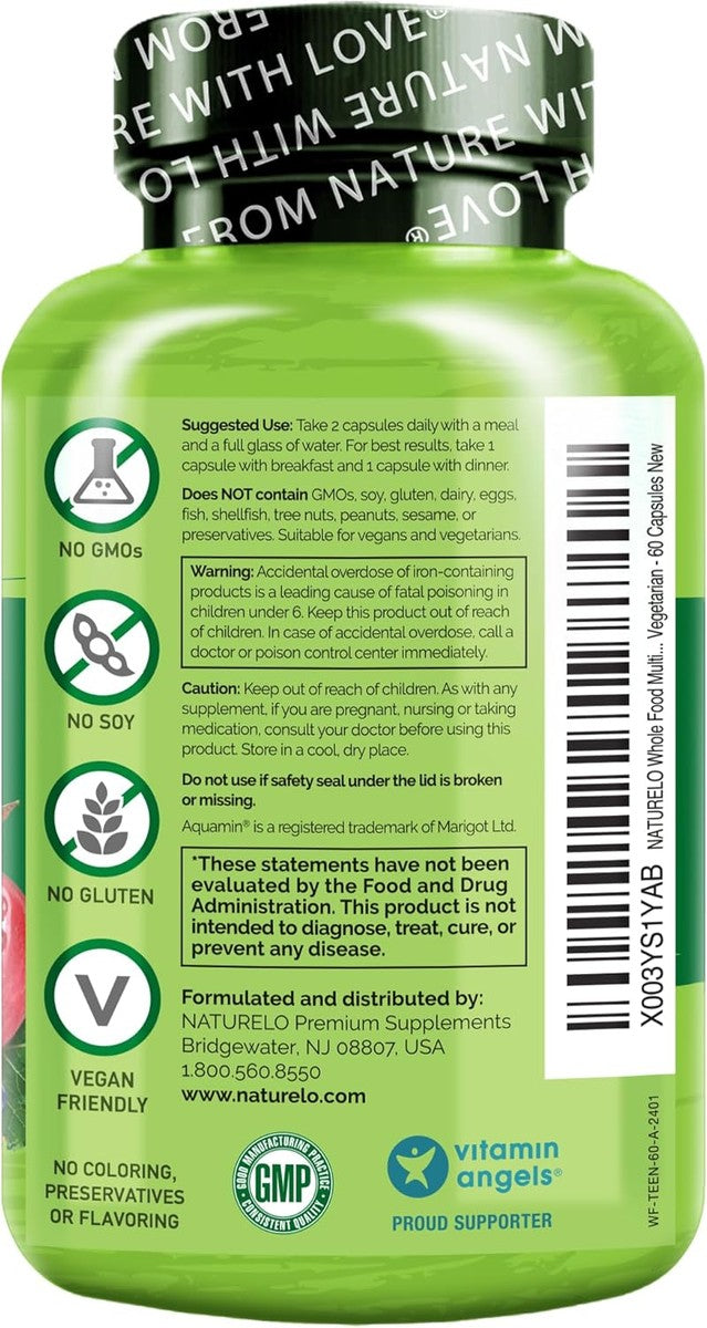 NATURELO NATURELO Multivitaminas para Adolescentes Niñas/Niños, 60 Cápsulas, Multivitamínico de Alimentos Integrales con Minerales, Sin OMG, Vegetariano