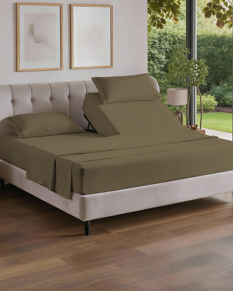 Flex Top Split Head King 4 Piece Sheet Set - Ultra-Soft, Breathable - Khaki