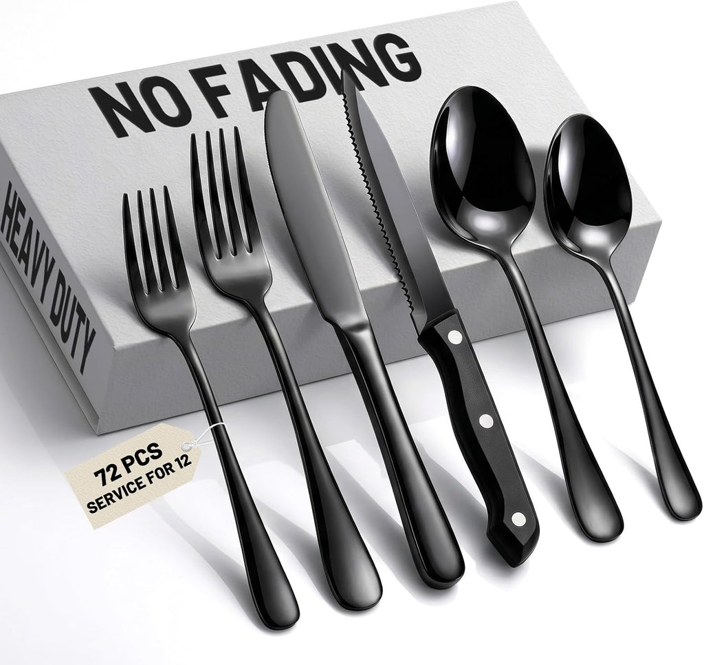 72 PCS NO-FADING Black Silverware Set with Steak Knives-Flatware for 12