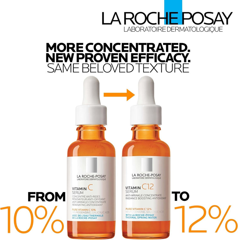La Roche-Posay Suero puro de Vitamina C al 12% para cara con ácido hialurónico y ácido salicílico, suero facial hidratante, aumenta la luminosidad y reduce las arrugas, 2 fórmulas para piel normal